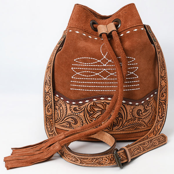 ADBG1656 American Darling Western Genuine Suede Leather Bucket Bag with Tooled Accents & Tassels Handcrafted Design