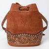 ADBG1656 American Darling Western Genuine Suede Leather Bucket Bag with Tooled Accents & Tassels Handcrafted Design