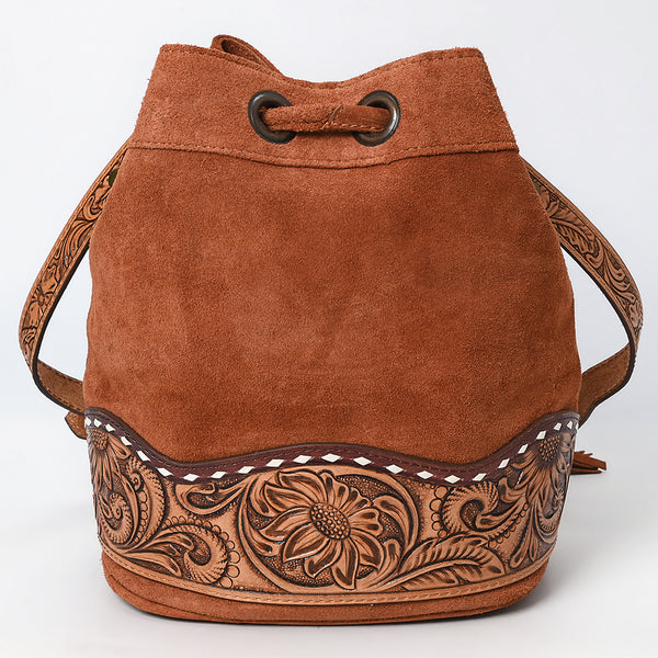 ADBG1656 American Darling Western Genuine Suede Leather Bucket Bag with Tooled Accents & Tassels Handcrafted Design