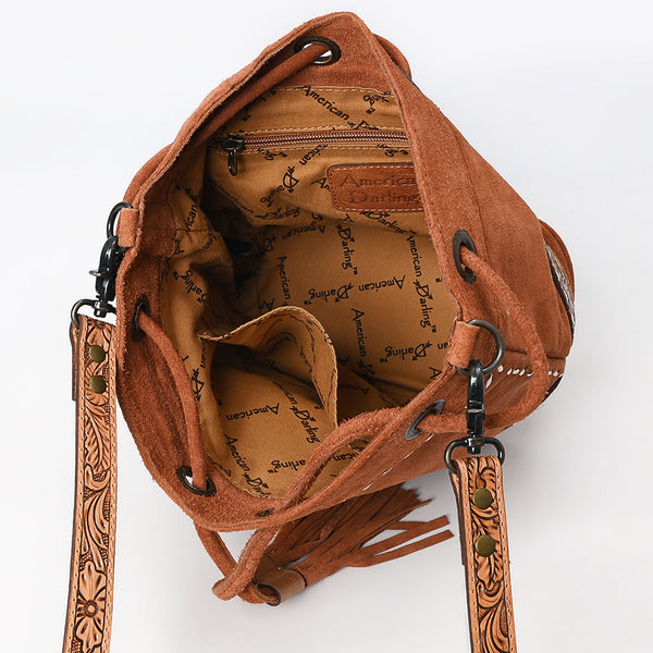 ADBG1656 American Darling Western Genuine Suede Leather Bucket Bag with Tooled Accents & Tassels Handcrafted Design