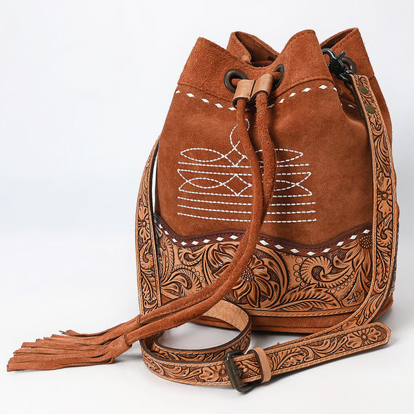 ADBG1656 American Darling Western Genuine Suede Leather Bucket Bag with Tooled Accents & Tassels Handcrafted Design