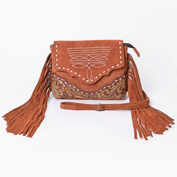 ADBG1657 American Darling Western Genuine Suede Leather Crossbody Bag with Fringe & Tooled Accents Handcrafted Design