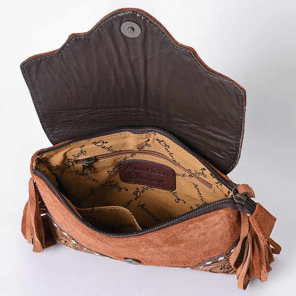 ADBG1657 American Darling Western Genuine Suede Leather Crossbody Bag with Fringe & Tooled Accents Handcrafted Design