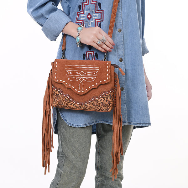 ADBG1657 American Darling Western Genuine Suede Leather Crossbody Bag with Fringe & Tooled Accents Handcrafted Design