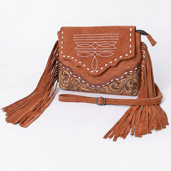 ADBG1657 American Darling Western Genuine Suede Leather Crossbody Bag with Fringe & Tooled Accents Handcrafted Design