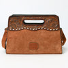 ADBG1658 American Darling Western Genuine Suede Leather Clutch Bag with Hand-Tooled Handle & Buck-Stitched Detailing