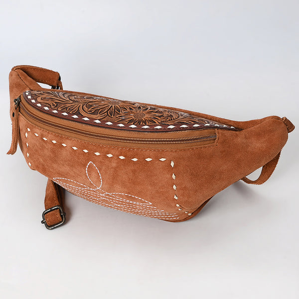 ADBG1660 American Darling Handcrafted Western Leather Fanny Pack with Buck-Stitched Genuine Suede & Tooled Accents
