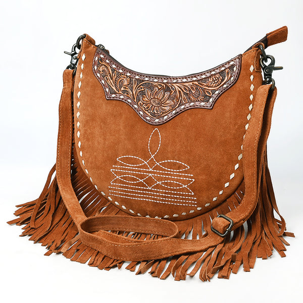 ADBG1663 American Darling Western Genuine Suede Leather Large Crossbody Bag with Fringe & Hand-Tooled Details