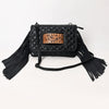 ADBG1665 Black Quilted Leather Crossbody Bag with Fringe and Hand-Tooled Panel American Darling