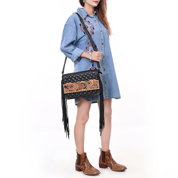 ADBG1668 American Darling Hand-Tooled Floral Western Leather Crossbody Bag with Fringe