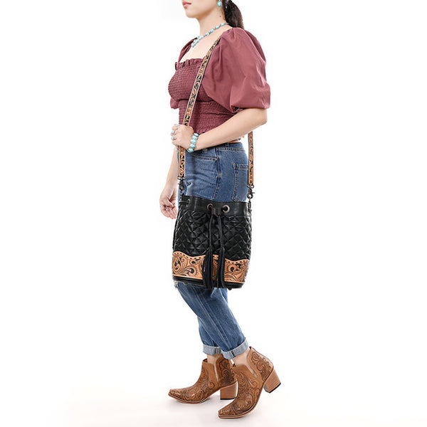 ADBG1670 American Darling Hand-Tooled Floral Western Leather Bucket Bag - Quilted Tassels