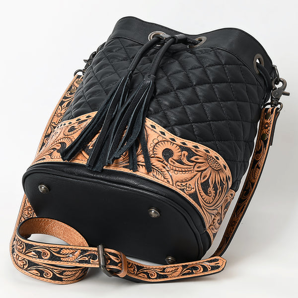 ADBG1670 American Darling Hand-Tooled Floral Western Leather Bucket Bag - Quilted Tassels