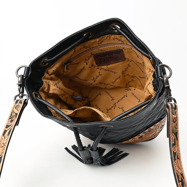 ADBG1670 American Darling Hand-Tooled Floral Western Leather Bucket Bag - Quilted Tassels