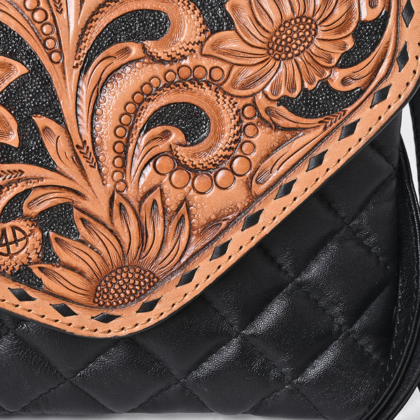 ADBG1672 American Darling Black Western Crossbody Bag - Hand Tooled Floral Flap & Quilted Leather