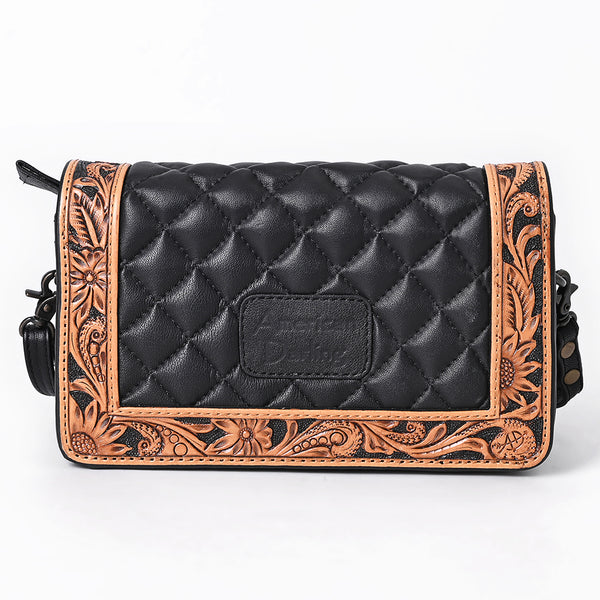 ADBG1673 American Darling Hand-Tooled Floral Black Western Leather Organiser Bag - Quilted Crossbody
