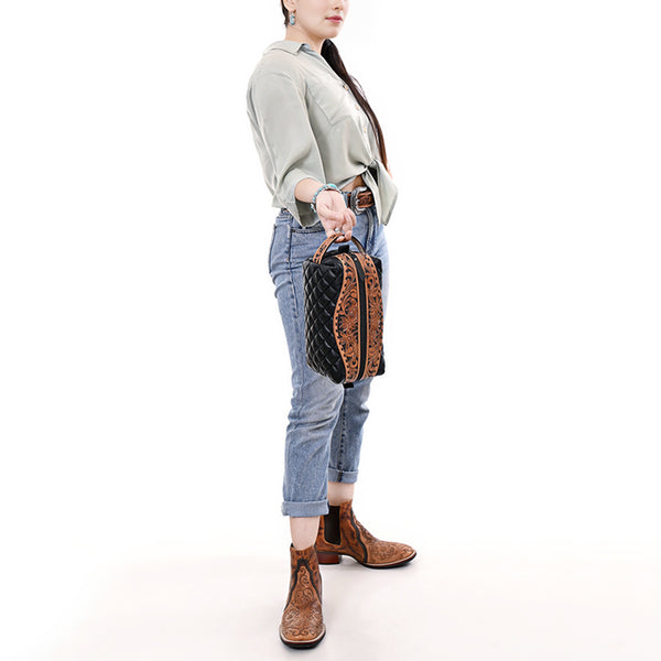 ADBG1675 American Darling Black Western Toiletry Bag with Hand Tooled Floral Carving and Quilted Leather