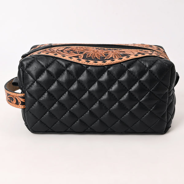 ADBG1675 American Darling Black Western Toiletry Bag with Hand Tooled Floral Carving and Quilted Leather