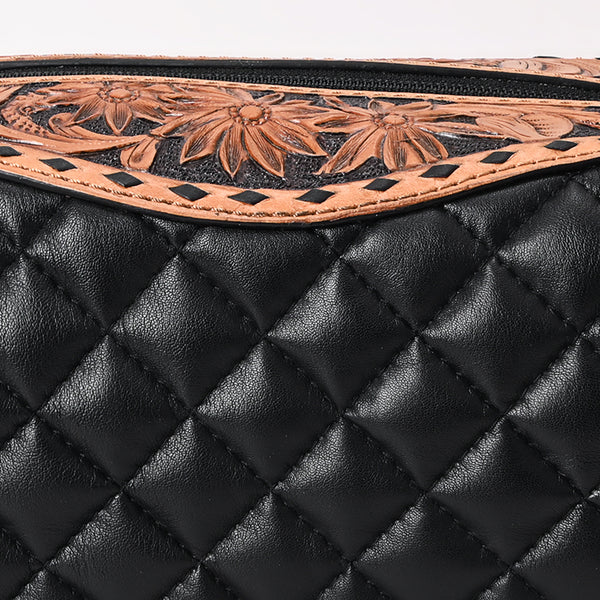 ADBG1675 American Darling Black Western Toiletry Bag with Hand Tooled Floral Carving and Quilted Leather