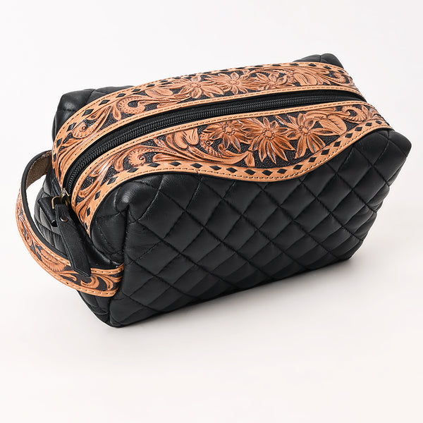 ADBG1675 American Darling Black Western Toiletry Bag with Hand Tooled Floral Carving and Quilted Leather