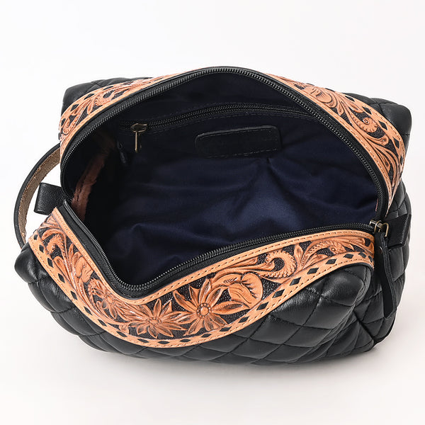 ADBG1675 American Darling Black Western Toiletry Bag with Hand Tooled Floral Carving and Quilted Leather
