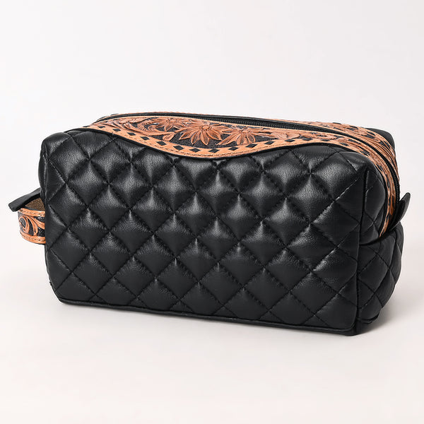 ADBG1675 American Darling Black Western Toiletry Bag with Hand Tooled Floral Carving and Quilted Leather