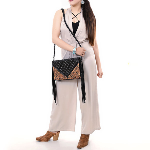 ADBG1678 American Darling Hand-Tooled Western Leather Crossbody Bag with Fringe & Floral Carving