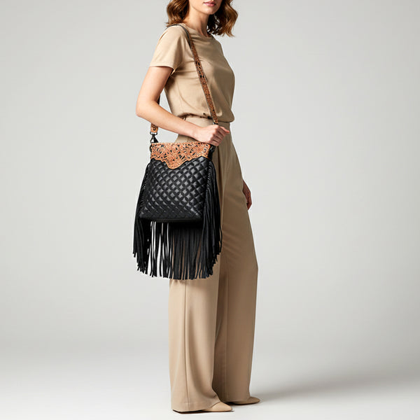 ADBG1682 American Darling Black Large Quilted Crossbody | Hand-Tooled Leather Fringe Bag