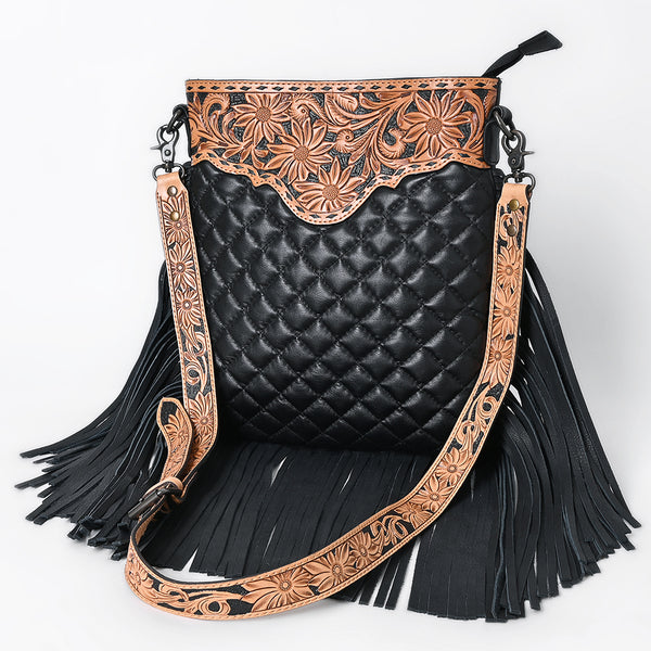ADBG1682 American Darling Black Large Quilted Crossbody | Hand-Tooled Leather Fringe Bag
