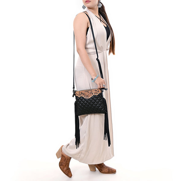 ADBG1683 American Darling Quilted Leather Crossbody Black | Tooled Flap Fringe Purse