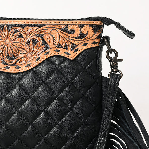 ADBG1683 American Darling Quilted Leather Crossbody Black | Tooled Flap Fringe Purse