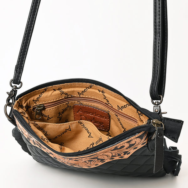 ADBG1683 American Darling Quilted Leather Crossbody Black | Tooled Flap Fringe Purse