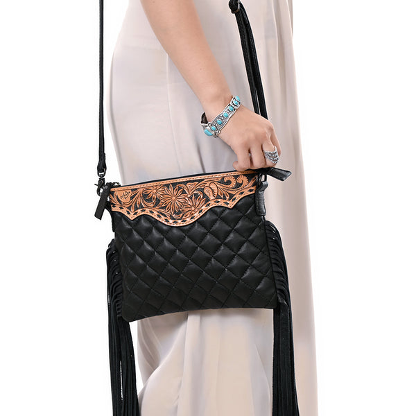 ADBG1683 American Darling Quilted Leather Crossbody Black | Tooled Flap Fringe Purse