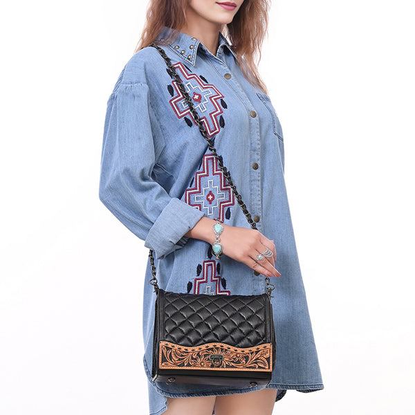 ADBG1685 American Darling Quilted Leather Crossbody | Hand-Tooled Floral Accent Purse