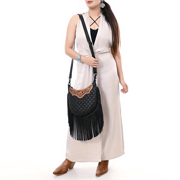 ADBG1686 American Darling Large Quilted Crossbody Hobo | Hand-Tooled Yoke Fringe Bag
