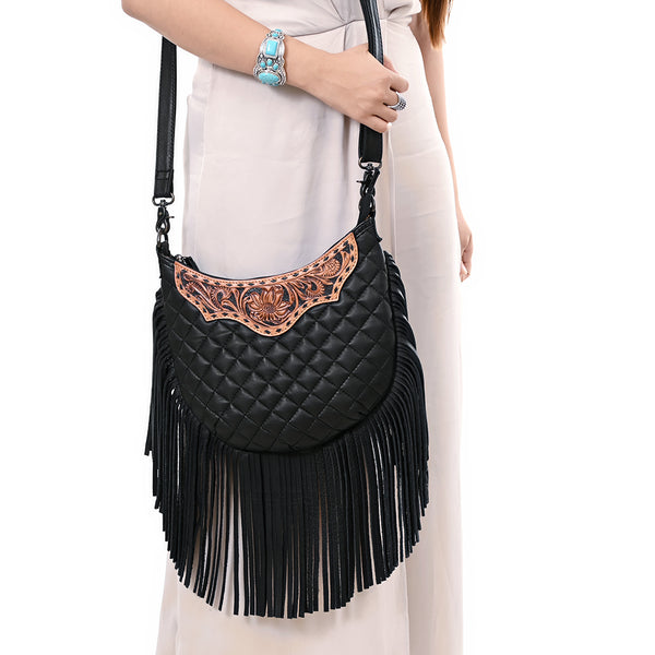 ADBG1686 American Darling Large Quilted Crossbody Hobo | Hand-Tooled Yoke Fringe Bag