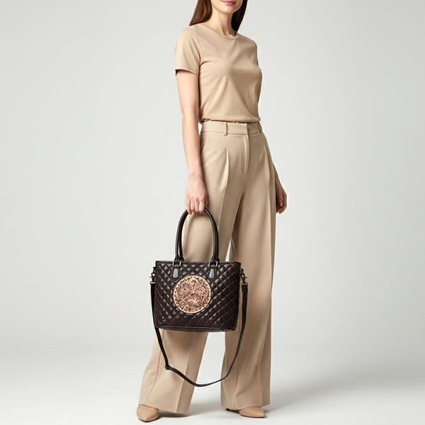 ADBG1689 American Darling Quilted Leather Tote Bag | Hand-Tooled Floral Accent Carryall