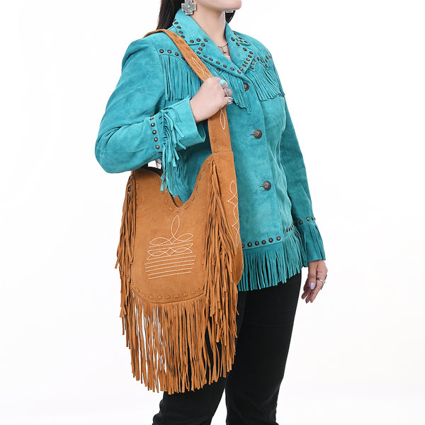 ADBGA734 American Darling Fringe Boot Stitched Genuine Leather Large Cross body Bag