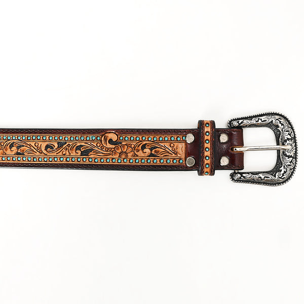 ADBLF110 Tooled Leather Western Belt - Floral Scroll with Turquoise Stud Accents