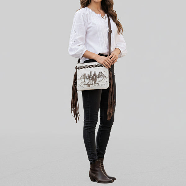 ADBGM554 Cowhide Crossbody Bag with Desert Riders Scene - Western Fringe Leather Purse