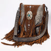 ADBGM555 Western Leather Fringe Messenger Bag - Cowhide Purse with Turquoise Concho & Studded Strap