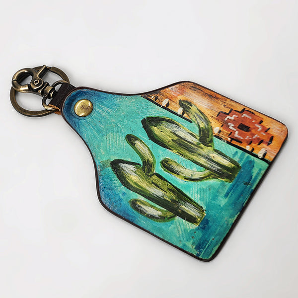 ADKRM137 Hand-Painted Leather Keyring Twin Cactus & Aztec Blanket Design