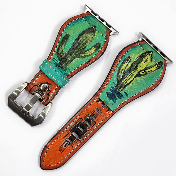 ADWAM123 American Darling Hand Painted Cactus Tooled Leather Western Watch Band