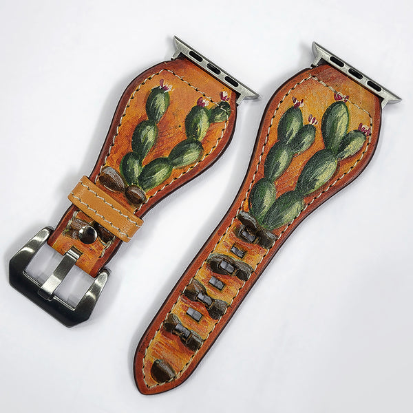 ADWAM126 American Darling Hand Painted Leather I watch Strap - Western Prickly Pear Cactus Series