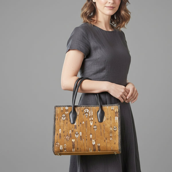 ADBGM556 Western Arrow Embroidered Genuine suede Tote - Hand-Laced Leather Trim Cowgirl Handbag