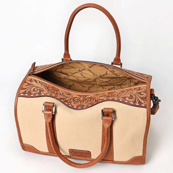 ADBG1697 American Darling Hand Tooled Genuine Leather Duffel Bag | Canvas Travel Carryall