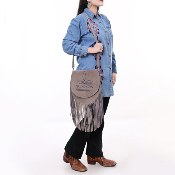 ADBGA713 American Darling Western Boot Stitched Genuine Suede Leather Fringe Messenger Bag