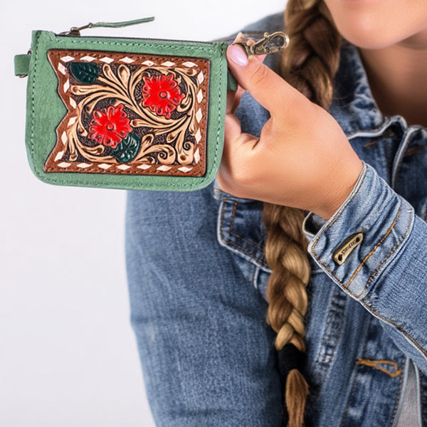 ADBGA746 American Darling Hand Tooled Floral Carved Genuine Leather Coin Purse