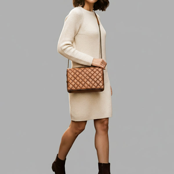 ADBGM588 Tan Quilted Leather Chain Bag - Western Crossbody Organiser with Antique Brass Strap