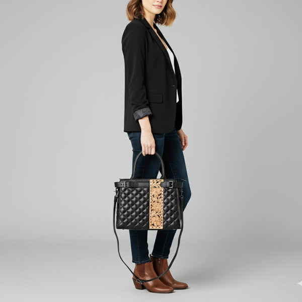 ADBG1704 American Darling Quilted Genuine Leather Tote | Hand-Tooled Floral Panel Shoulder Bag
