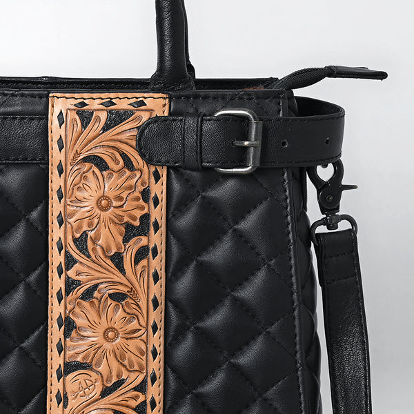 ADBG1704 American Darling Quilted Genuine Leather Tote | Hand-Tooled Floral Panel Shoulder Bag